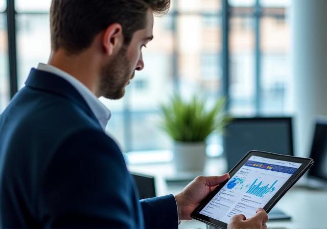 Analista de negocios revisando datos en una tableta en una oficina moderna